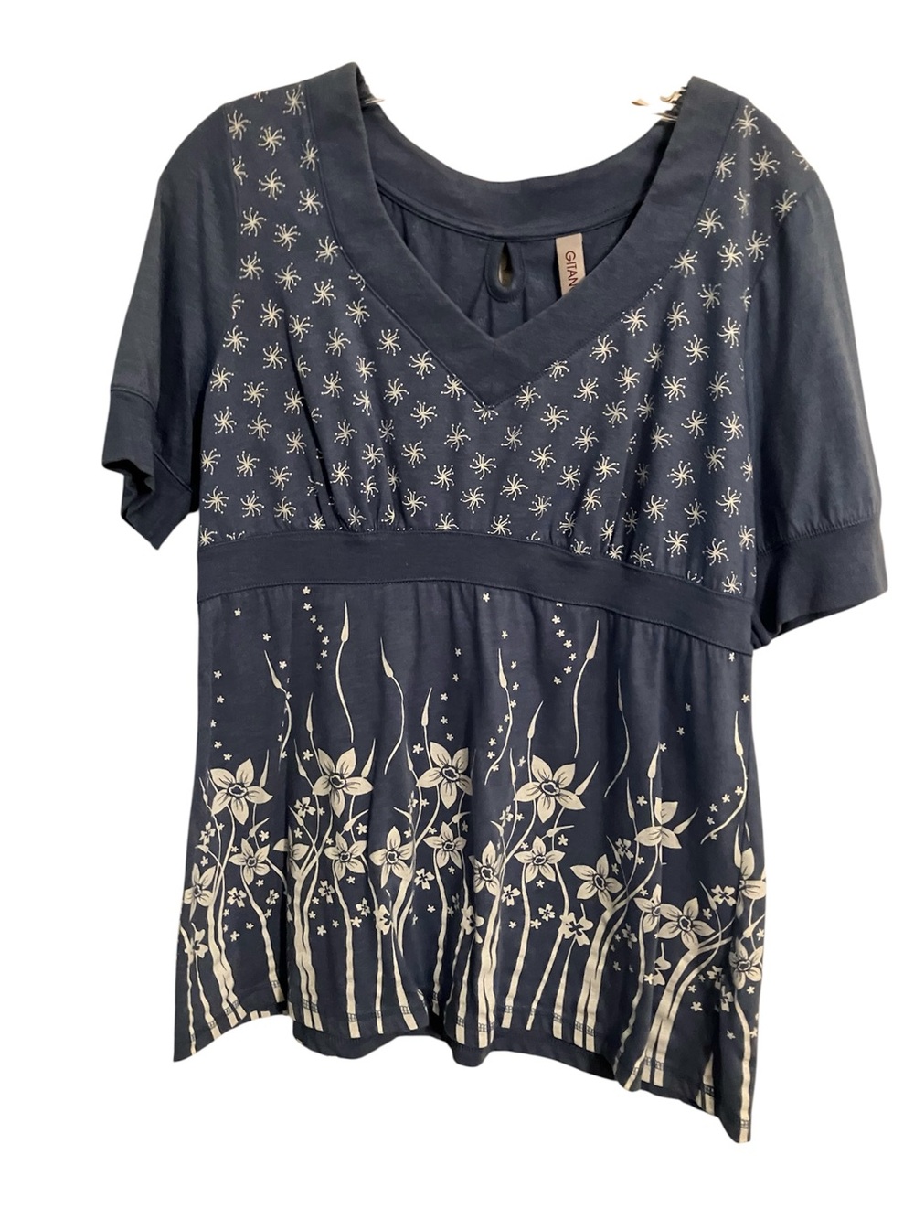 Gitano Blue Short-Sleeve V-Neck Top with White Floral Print